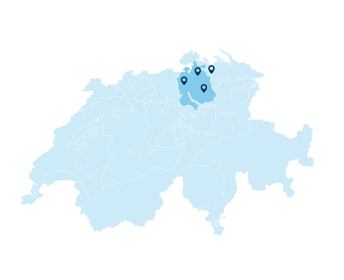 Karte der Schweiz mit Fokus auf Winterthur, dem Standort der Fahrschule SULI.