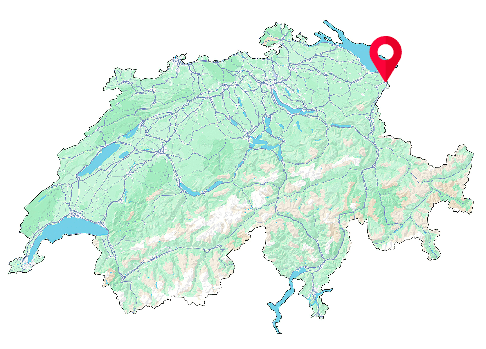 Karte der Schweiz mit Fokus auf Widnau, dem Standort der Fahrschule SULI.