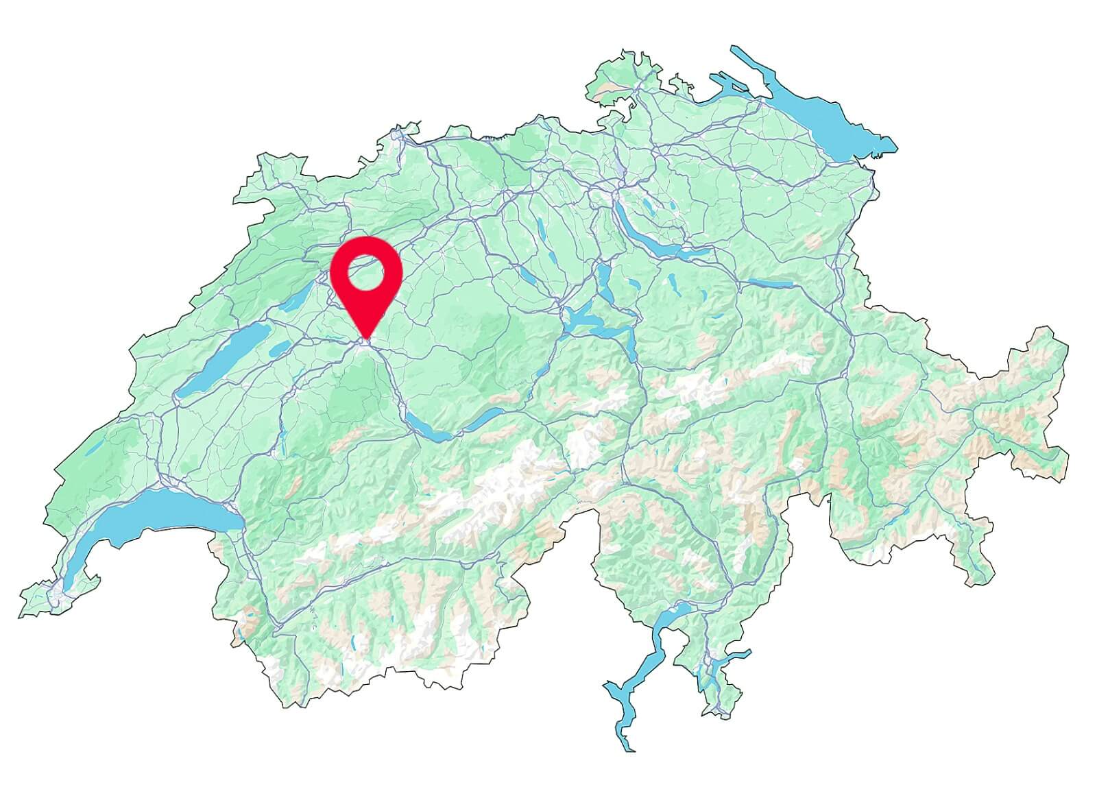 Karte der Schweiz mit Fokus auf Bern, dem Standort der Fahrschule SULI.