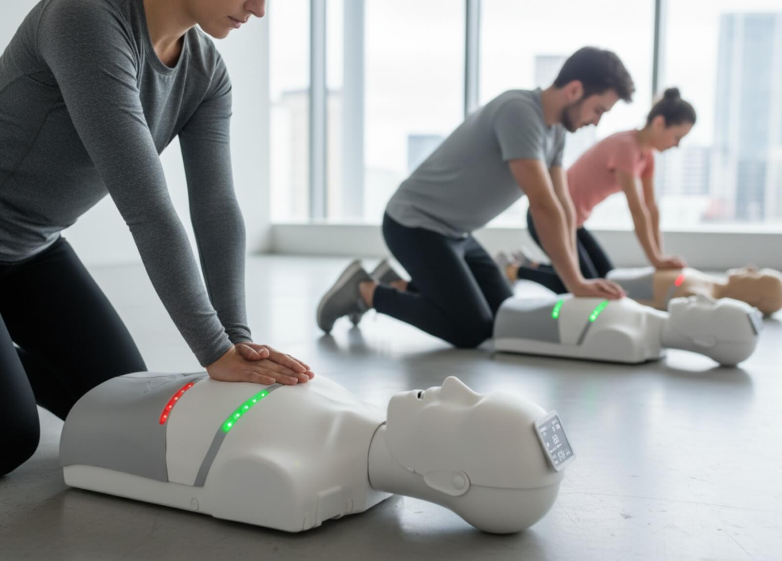 Teilnehmende im Nothelferkurs der Fahrschule SULI üben Reanimation an Erste-Hilfe-Puppen