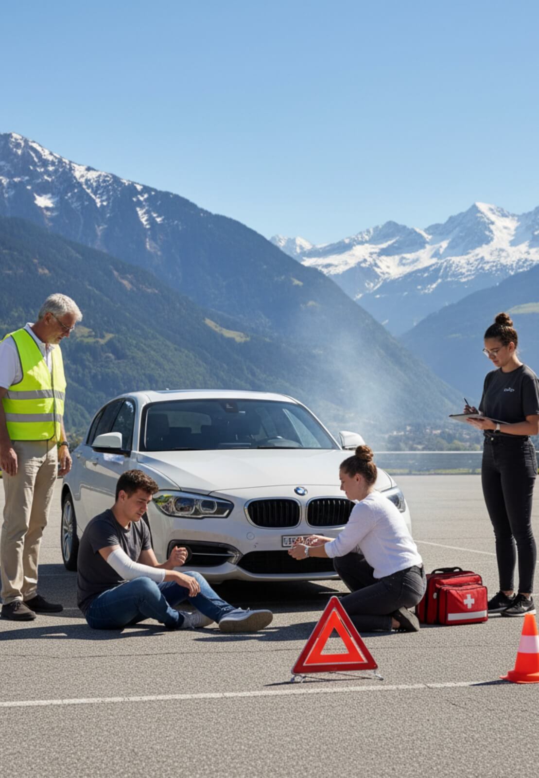 Teilnehmende im Nothelferkurs der Fahrschule SULI üben Erste Hilfe bei einem inszenierten Verkehrsunfall