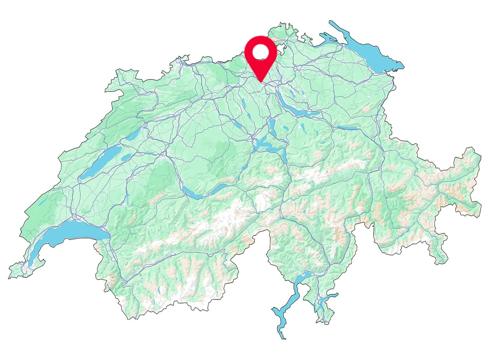 Karte der Schweiz mit Fokus auf Spreitenbach, dem Standort der Fahrschule SULI.