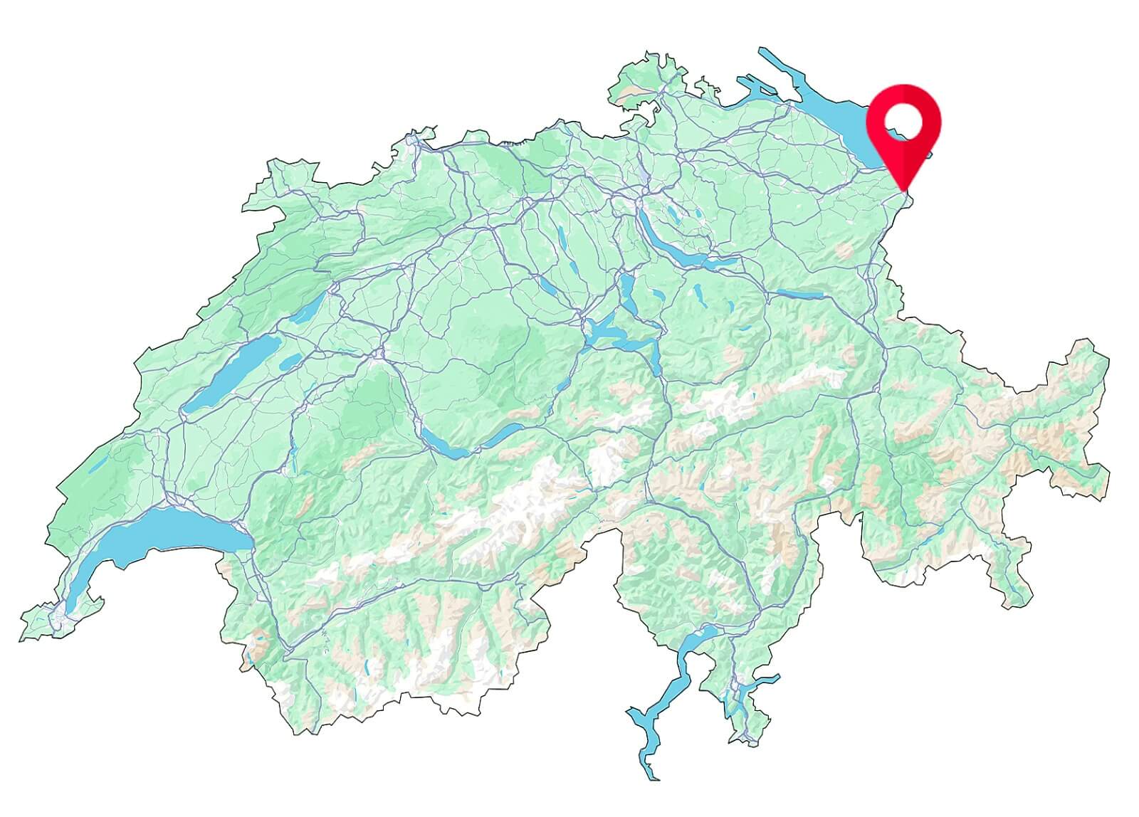 Karte der Schweiz mit Fokus auf Widnau, dem Standort der Fahrschule SULI.