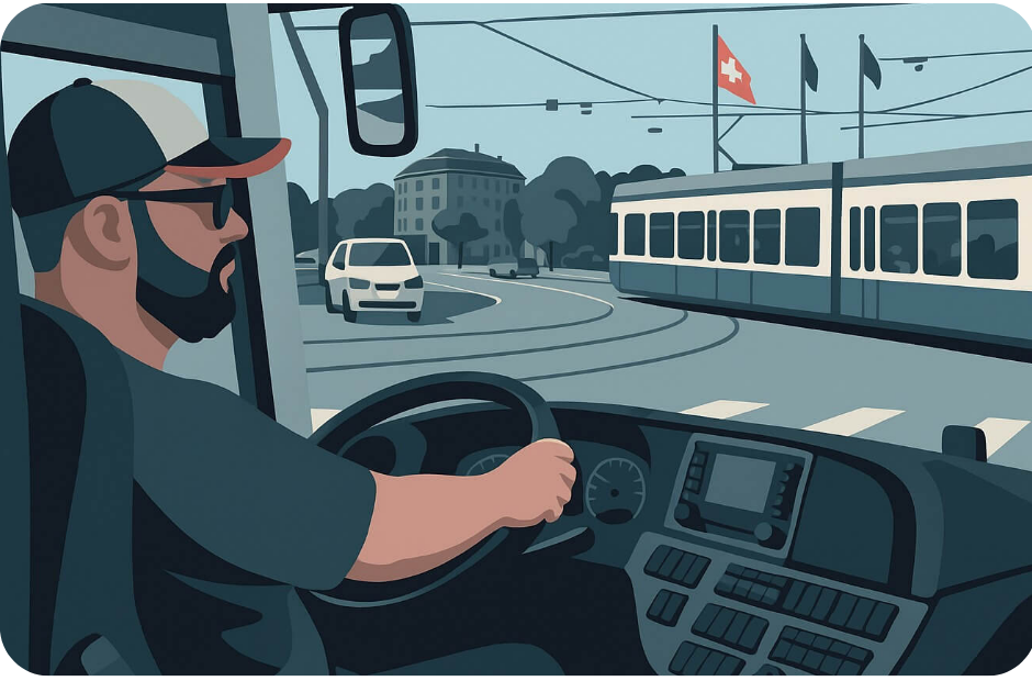 Ein Fahrschüler sitzt am Steuer eines Busses während seiner praktischen Prüfung, konzentriert und fokussiert.